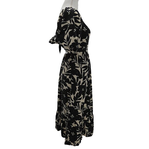 Cottagecore Black Tan Linen Puff Sleeve Tie Back Cutout Midi Dress Size S Floral - Picture 12 of 13